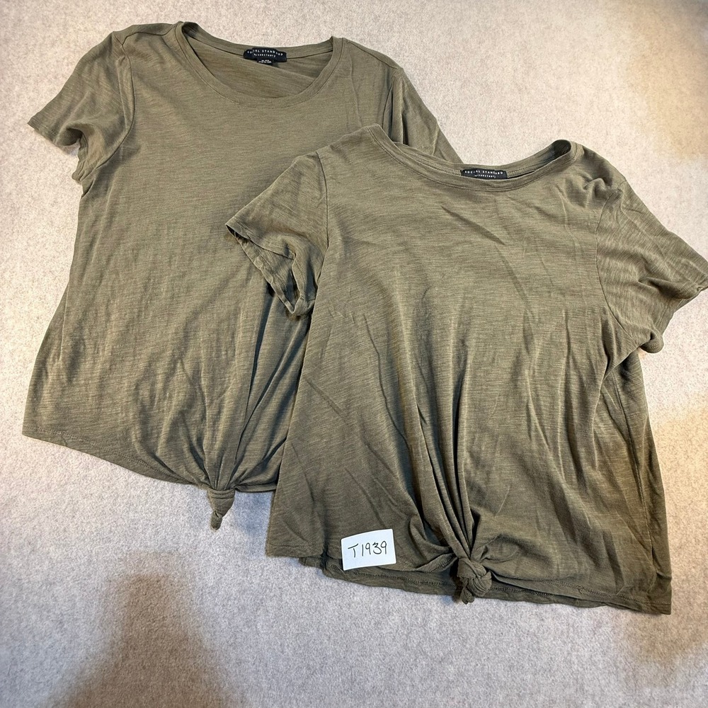 Social Standard by Sanctuary Olive Green Tie Front Slub Knit T-Shirt Lot of 2 XL